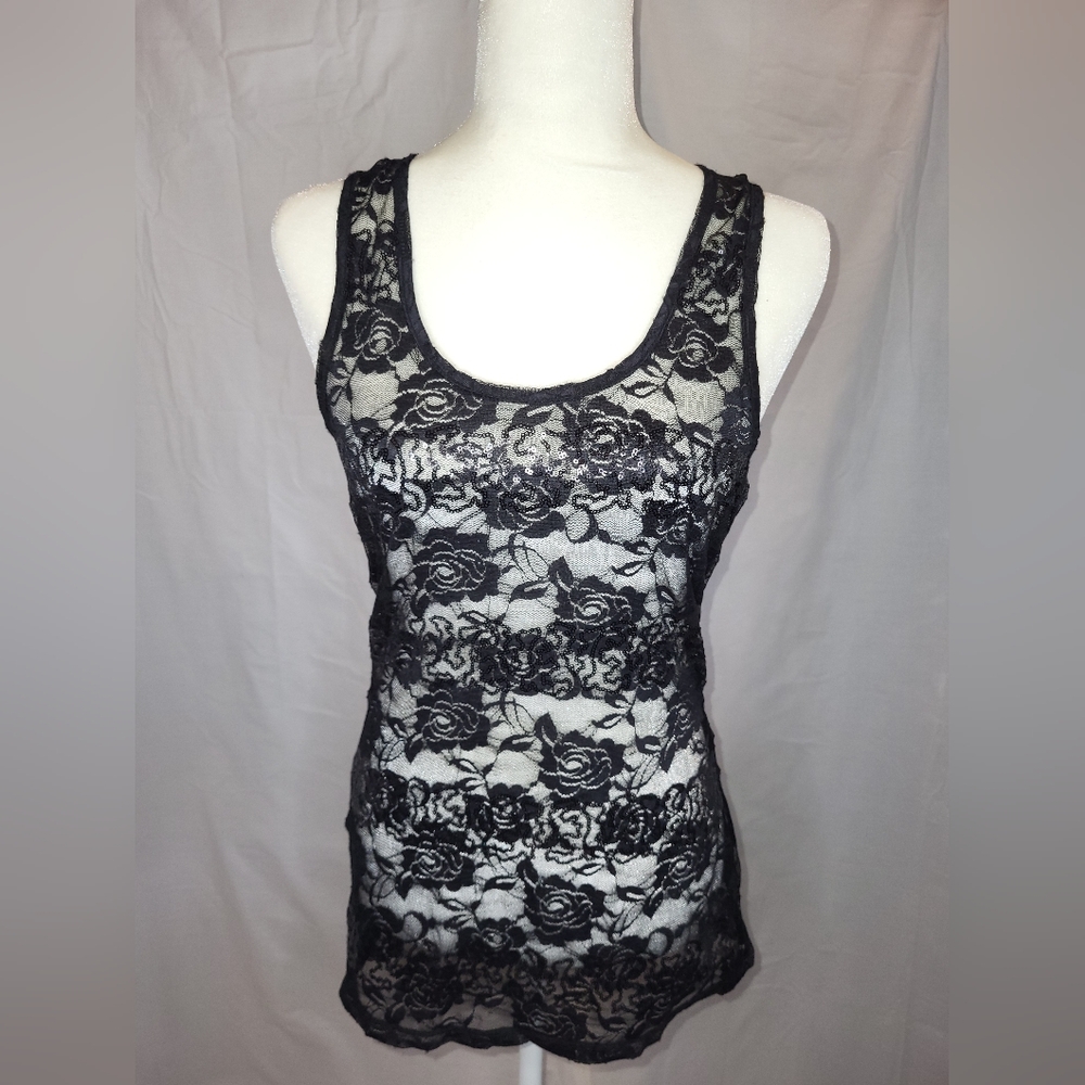 Almost Famous Floral Black Lace & Sequin Tank- Size L